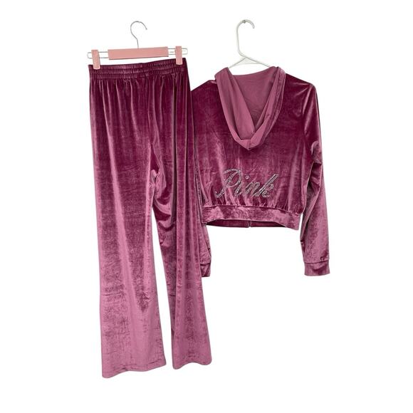 NWT Victoria’s Secret Velour Shine Tracksuit Crop Hoodie Pants Pink Size S XS - Picture 5 of 12